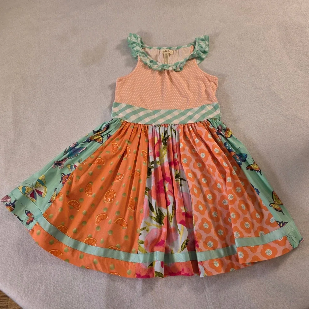 Matilda Jane Girls Mixed Print Butterfly Floral Dress Peach Mint Size 8 20010D